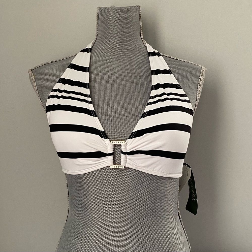 Lauren by Ralph Lauren Women's Kaylee Stripe Ring Front Halter Bikini Top 14 - Picture 1 of 4